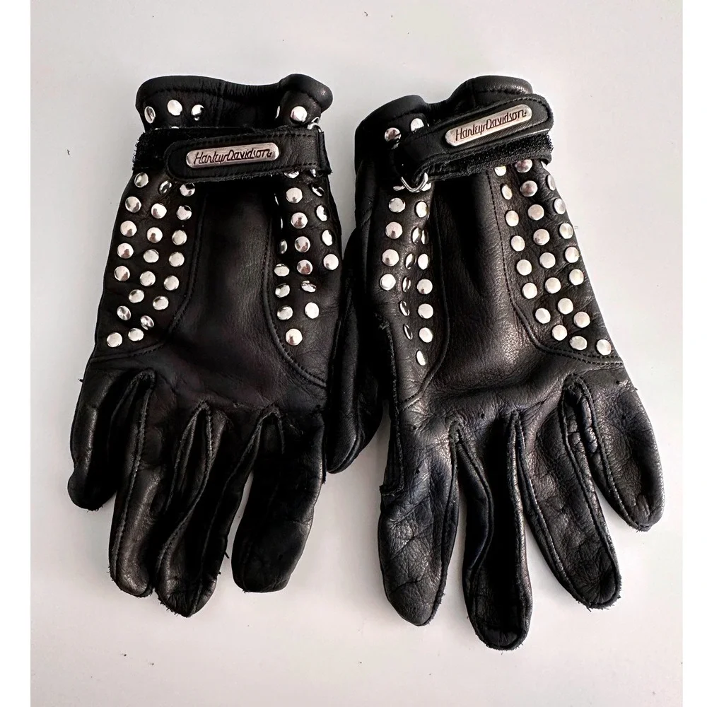 Harley Davidson Gloves L & Skull Cap Set Womens Black Studded Leather Motorcycle